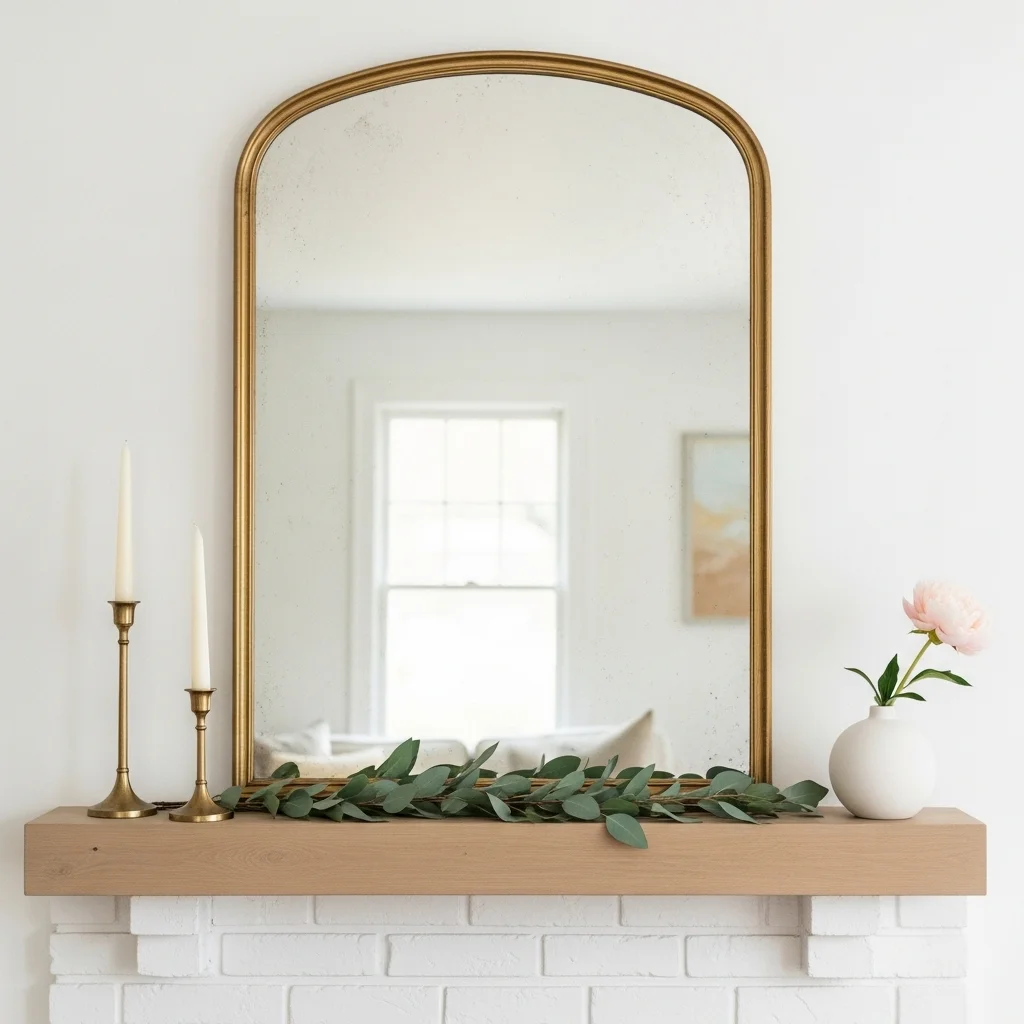 Large antique brass arched mirror above white brick fireplace mantel with eucalyptus garland and gold candle holders for white brick mantel ideas
