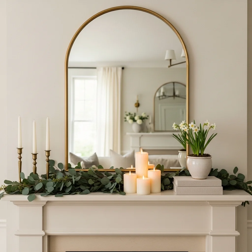 Large arched brass mirror above cream fireplace mantel styled with spring eucalyptus garland and white narcissus for spring mantel decor ideas