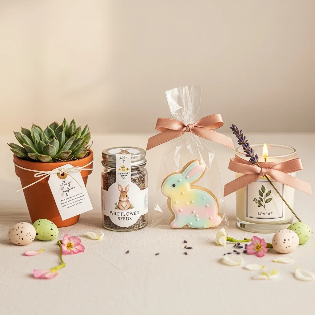 Baby bunny baby shower favour display with succulent terracotta pot wildflower seed jar iced bunny sugar cookie and cream botanical candle on linen for Easter theme baby shower ideas 2026
