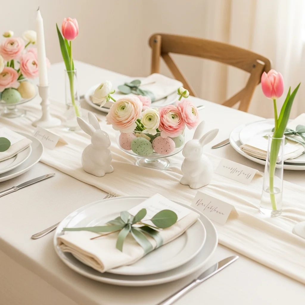 Baby shower rabbit theme tablescape with pastel speckled egg ranunculus centerpiece ceramic bunny white plates linen napkins with eucalyptus and hand lettered place cards for Easter baby shower ideas