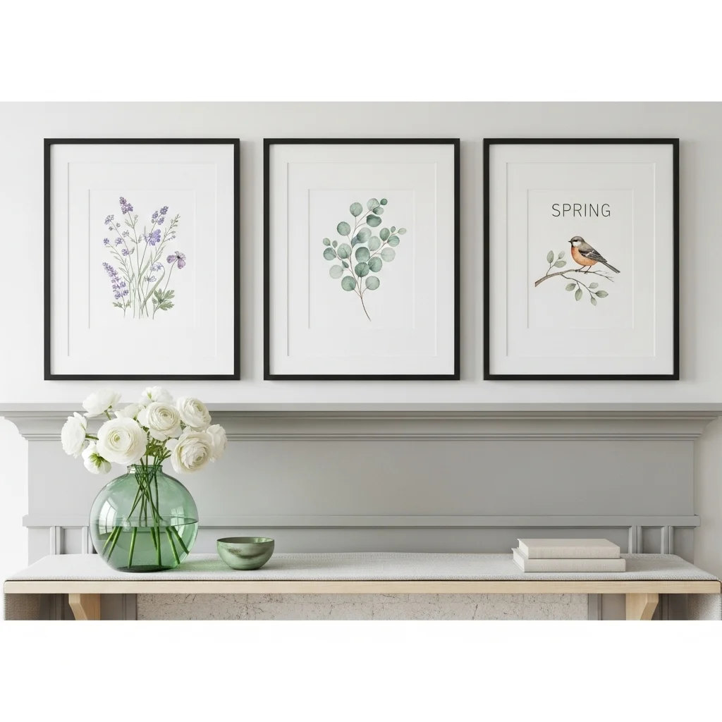 Three botanical print frames above grey fireplace mantel with green glass vase and white ranunculus for spring mantel decor ideas