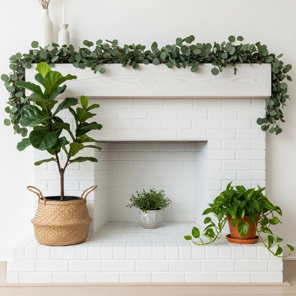 White brick fireplace with plants at multiple levels including fiddle leaf fig hearth plants and eucalyptus garland for brick fireplace with plants and decor