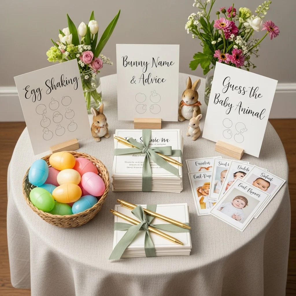 Bunny theme baby shower games table with pastel plastic eggs hand lettered game cards baby animal photos advice cards gold pens and bunny figurines on cream linen for Easter baby shower ideas