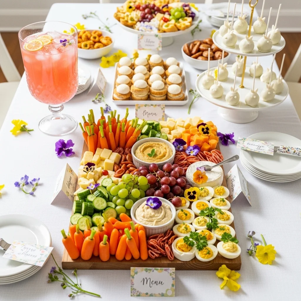 Bunny themed baby shower food table with garden grazing board carrot arrangement devilled eggs bunny tail cake pops flower punch and hand lettered labels for Easter theme baby shower ideas