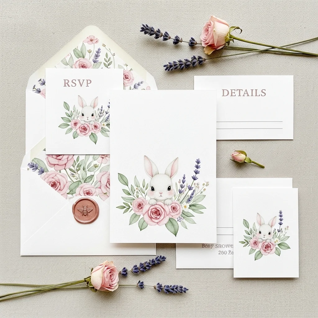  Bunny themed baby shower invitation suite with watercolour baby bunny wildflower illustration in blush pink sage and lavender on cream background with wax seal envelope for Easter baby shower ideas 2026