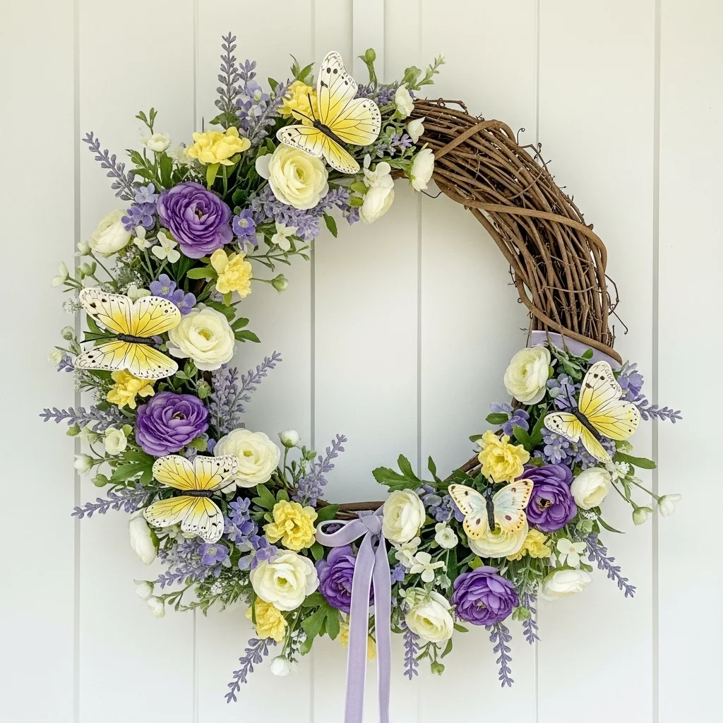 Elegant Easter spring wreath with lavender cream flowers and realistic butterfly embellishments on white farmhouse front door