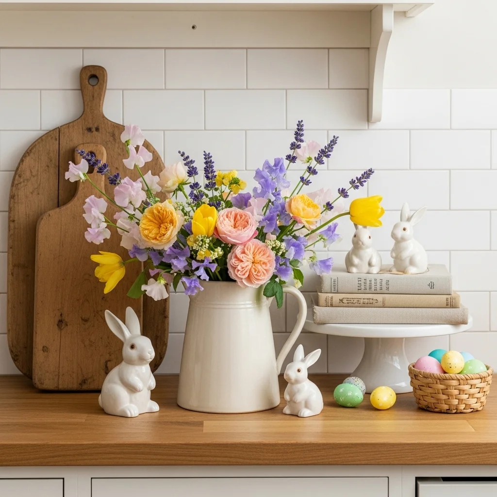Cottage style kitchen island Easter decor with ceramic pitcher garden flowers vintage cookbooks bunny figurines and wicker Easter egg basket against white subway tile backsplash