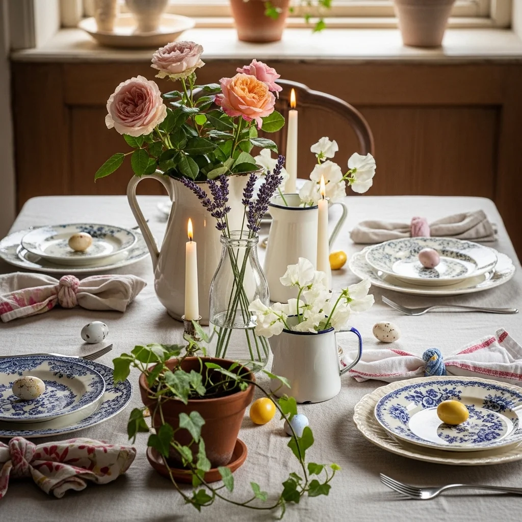 Cottagecore Easter tablescape with mismatched vintage vessel flower arrangements garden roses lavender sweet peas and vintage plates for romantic Easter tablescapes ideas