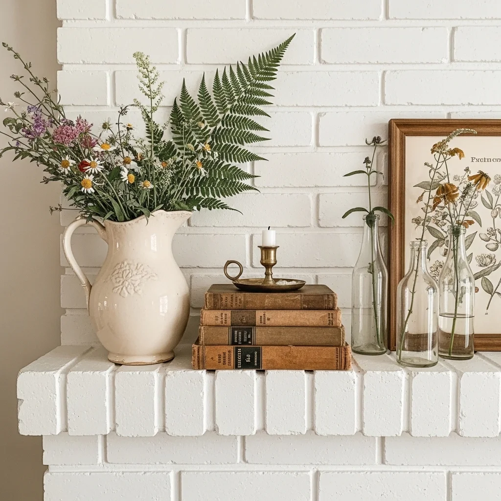 Cottagecore white brick fireplace mantel with vintage pitcher wildflowers antique books and brass candlestick for rustic white brick mantel decor ideas