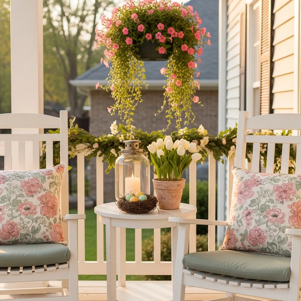 Cozy Easter porch seating corner with white rocking chairs floral cushions hanging basket and spring tulips for Easter porch decor outdoor ideas
