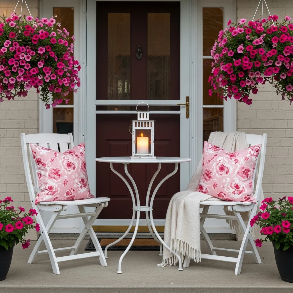 White bistro chairs with floral pillows and lantern styled as spring front porch seating nook for cozy curb appeal