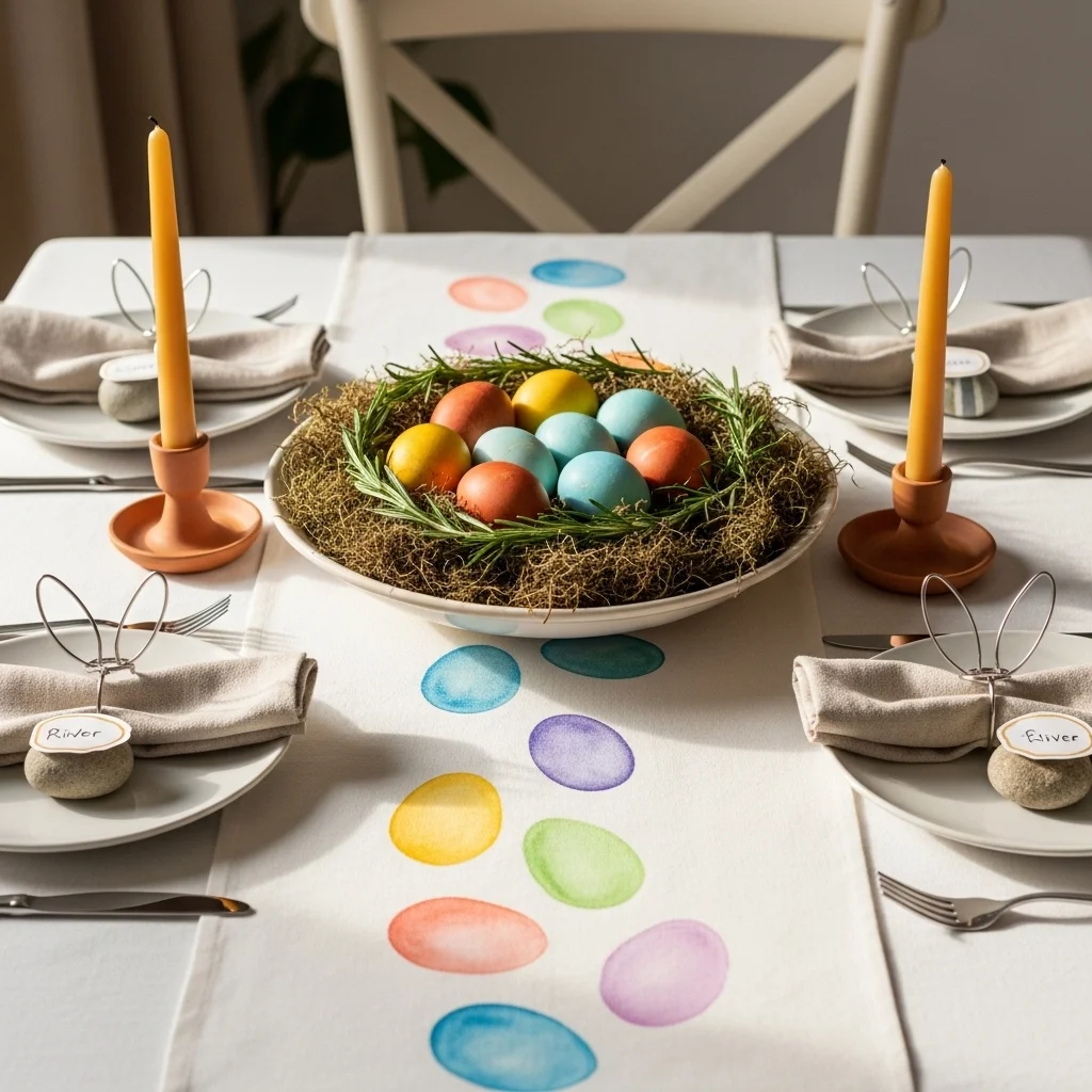 Handmade Easter craft decorations tablescape with painted table runner hand dyed egg nest centerpiece and wire bunny napkin rings for DIY Easter tablescapes ideas