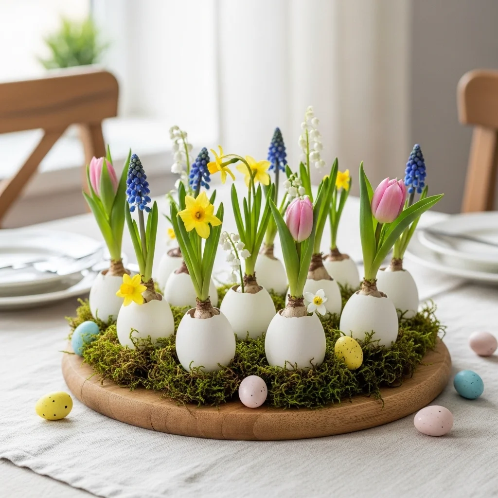 DIY Easter egg vase centerpiece with eggshells holding tiny spring flowers on moss wooden board for creative Easter centerpieces DIY tablescape ideas