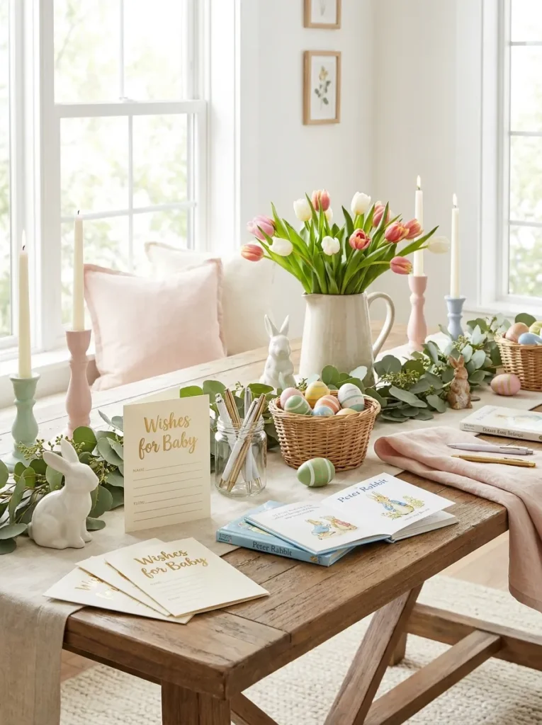 Easter baby shower activity table featuring Wishes for Baby cards, painted eggs, books, and spring decorations.