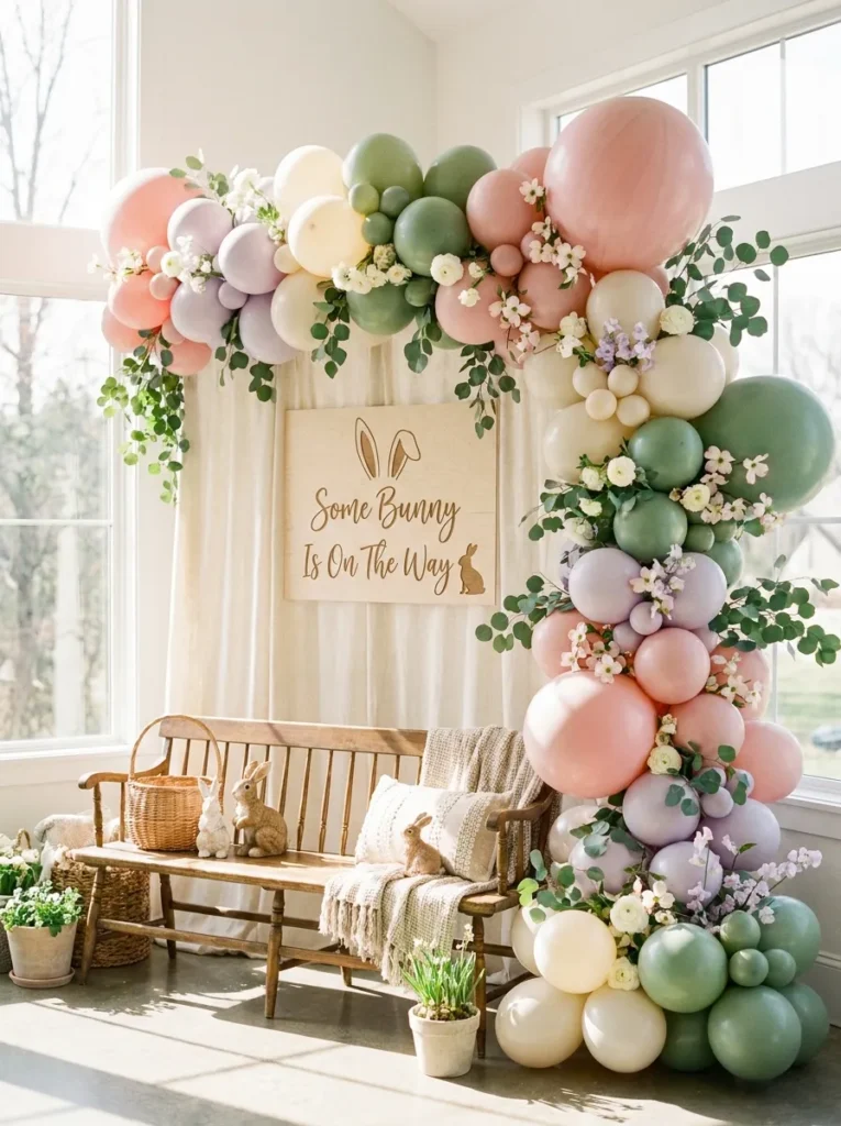 Elegant Easter baby shower balloon backdrop with pastel balloons, fresh flowers, bunny decorations, and personalized welcome sign.