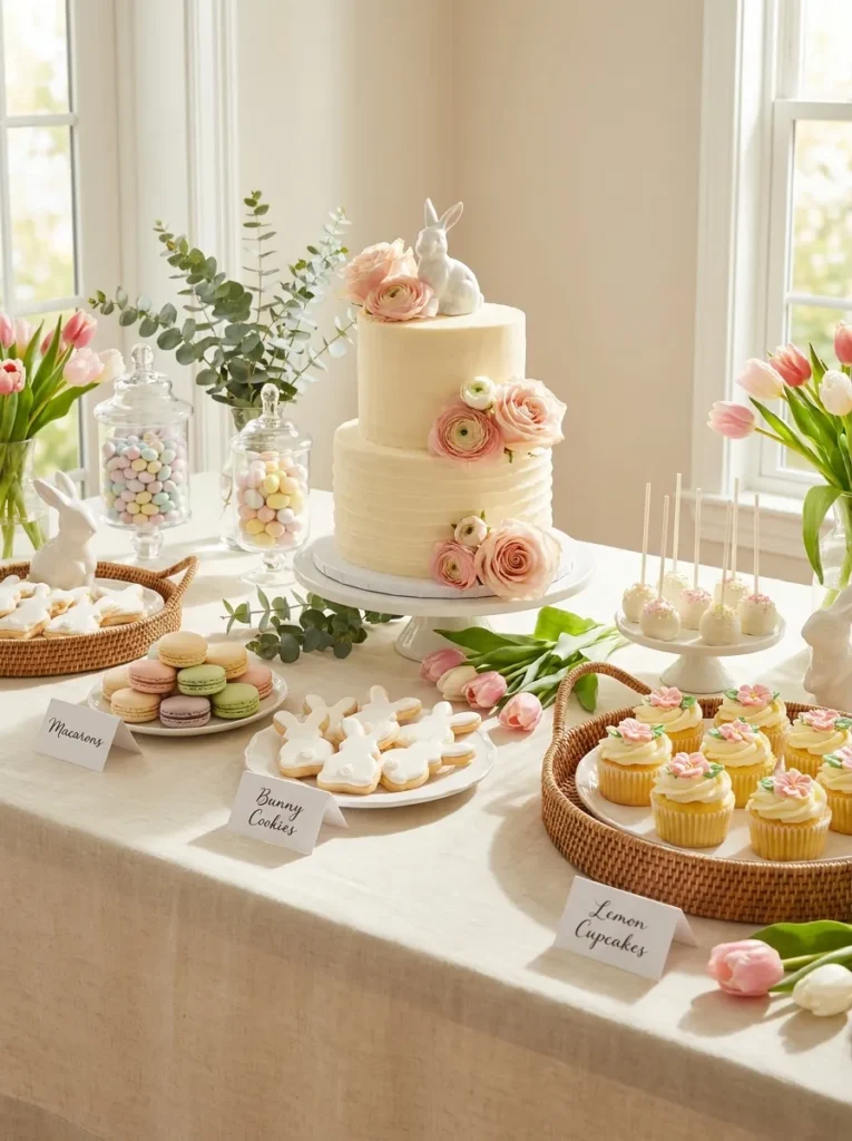 Elegant Easter baby shower dessert table featuring bunny cake, pastel desserts, spring flowers, and seasonal decorations.