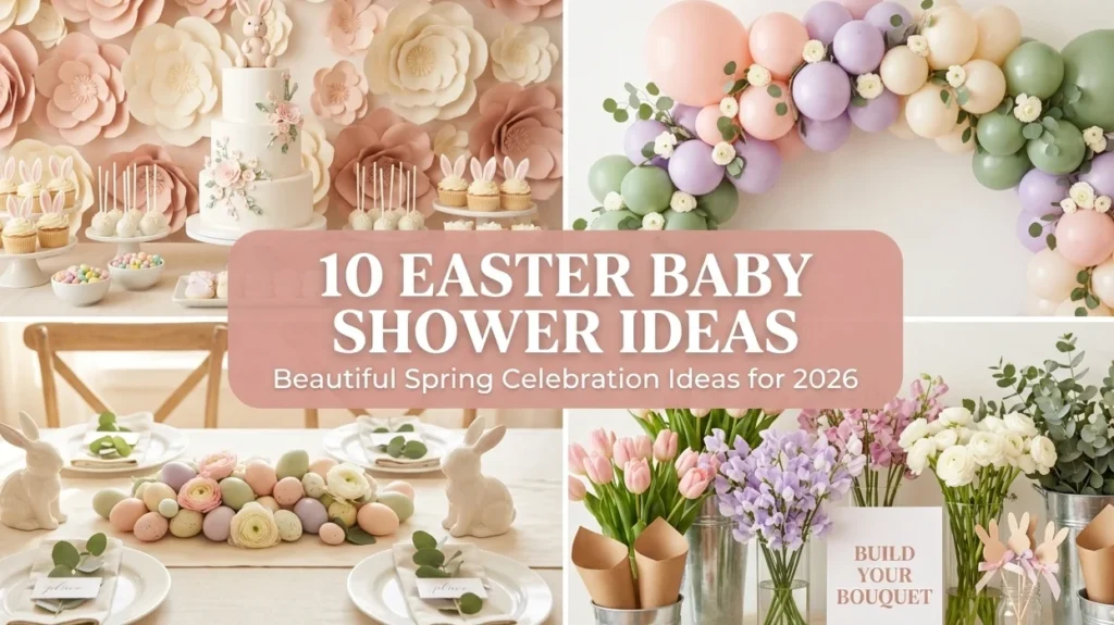 10 easter baby shower ideas collage showing little bunny dessert table with fondant cake pastel balloon arch for bunny themed baby shower rabbit theme guest tablescape and girl bunny baby shower flower bar for beautiful spring celebration 2026