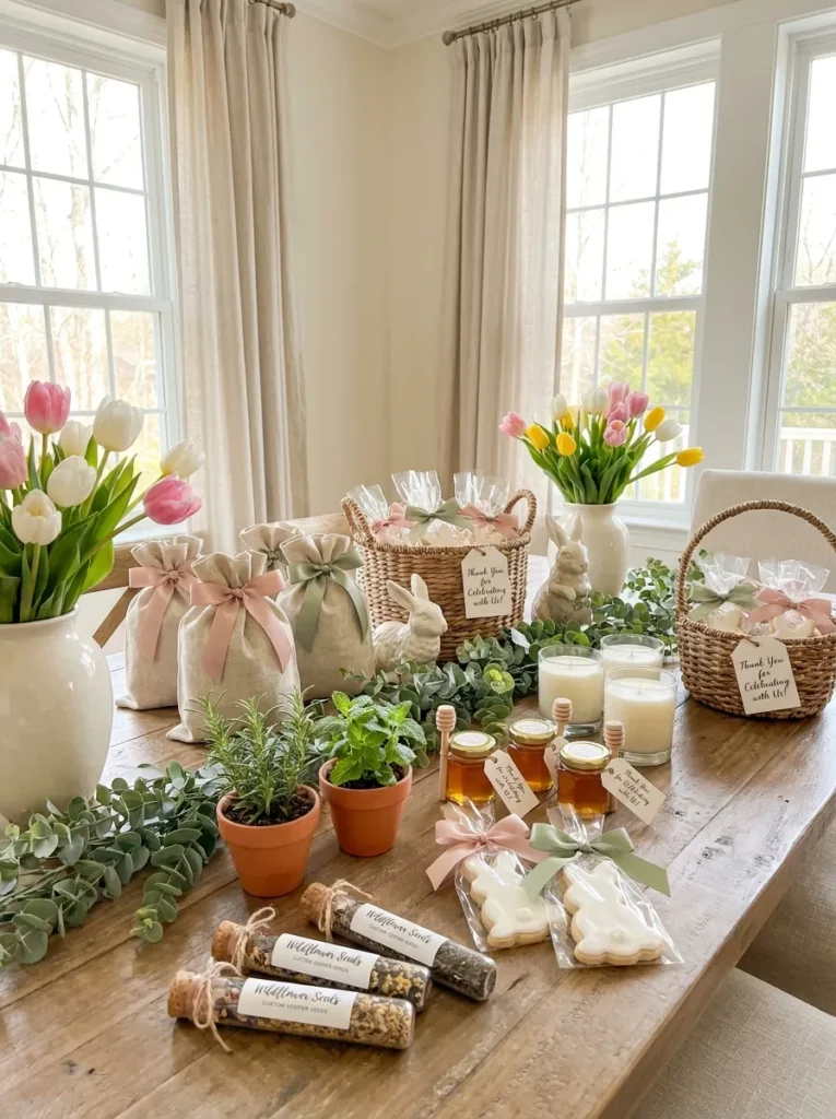 Elegant Easter baby shower party favors displayed with spring flowers, honey jars, seed packets, and beautifully wrapped gifts.