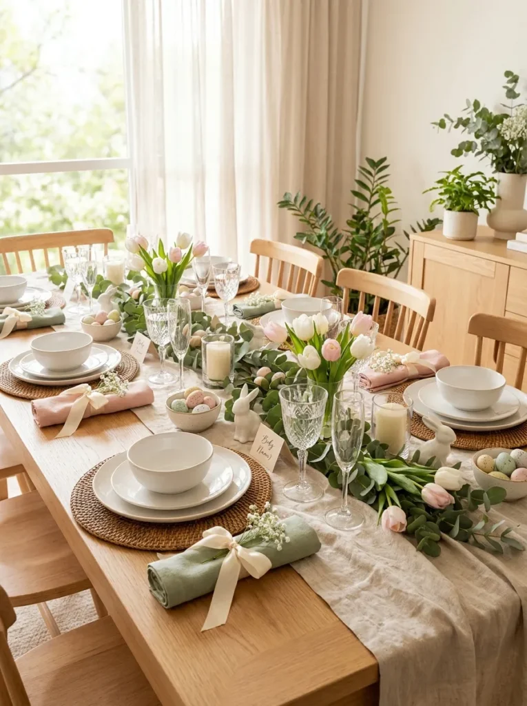 Elegant Easter baby shower tablescape with spring flowers, linen runner, bunny decorations, and pastel place settings.