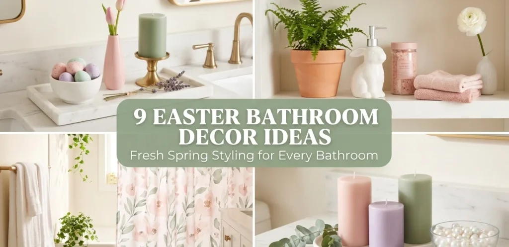 9 easter bathroom decor ideas collage showing pastel egg marble tray vanity display spring bathroom shelf with ceramic bunny and fern botanical floral shower curtain with white towels and spa candle tray with eucalyptus for spring bathroom decor 2026