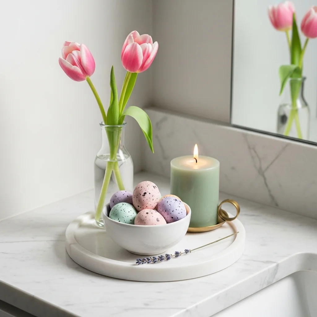 Easter bathroom vanity centerpiece with white marble tray pastel egg bowl pink tulips sage candle and dried lavender for easy Easter bathroom decor ideas