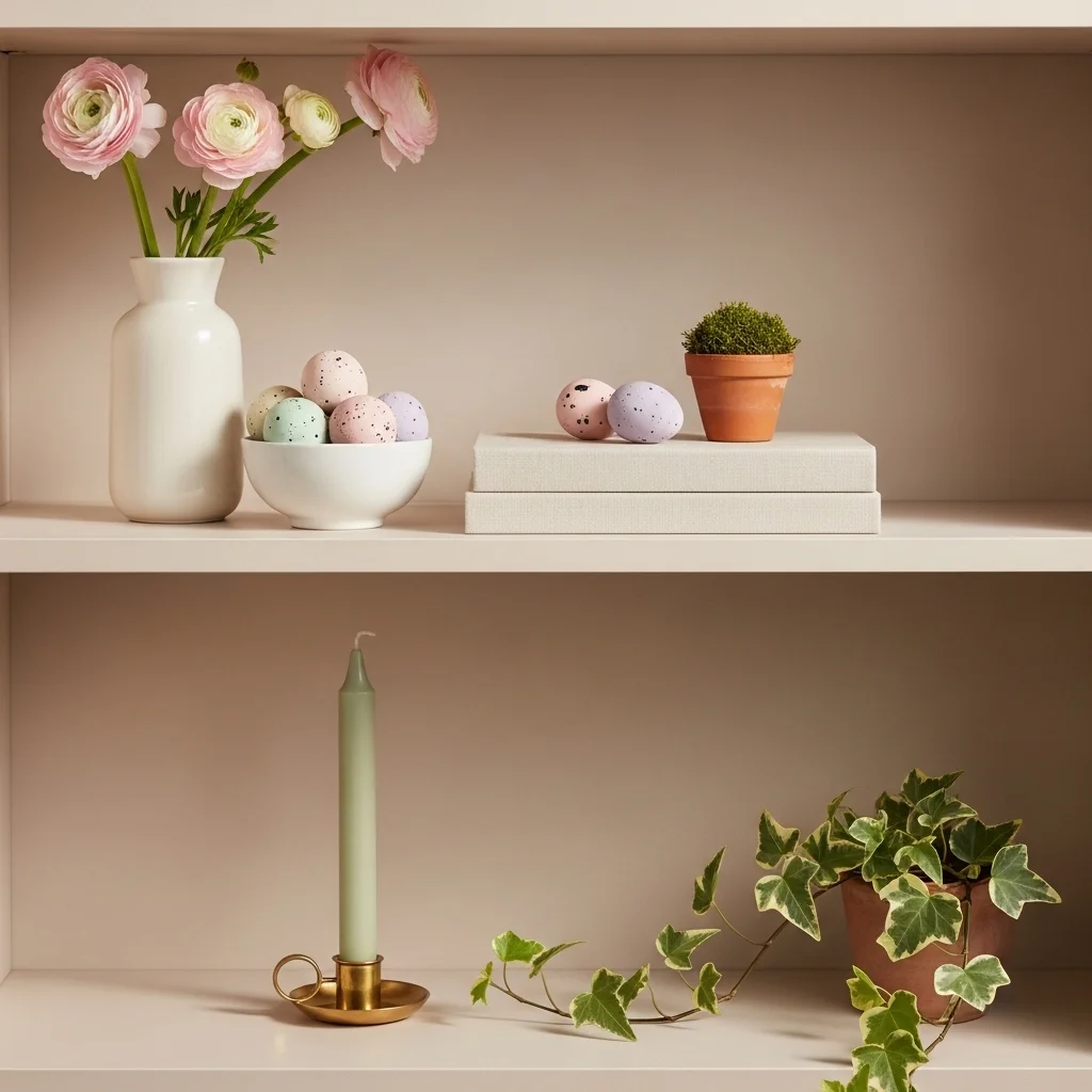 Easter bookshelf decor with horizontal cream linen book stack riser white ceramic bunny and single pink tulip in glass bud vase for creative spring bookshelf styling ideas