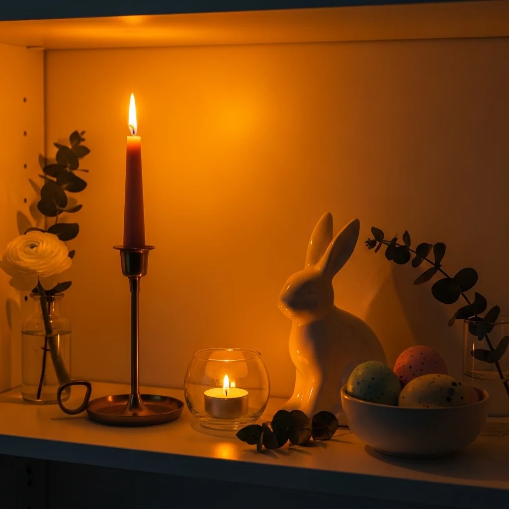 Easter bookshelf decor with lit brass taper candle blush pink stem glass votive cream tea light matte white ceramic bunny pastel speckled eggs and eucalyptus in warm golden evening candlelight for spring shelf decor ideas