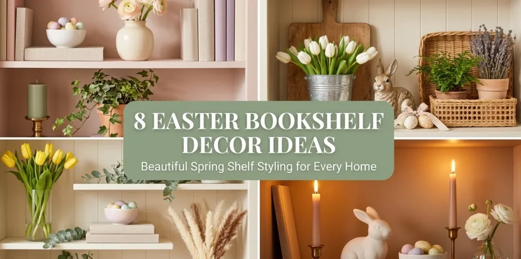 8 easter bookshelf decor ideas collage showing pastel spring shelf with ceramic bunny and ranunculus farmhouse bookshelf with white tulips and rattan layered spring shelf with yellow tulips and egg bowl and warm candlelit evening bookshelf display with brass candle and ceramic bunny for spring shelf styling ideas 2026