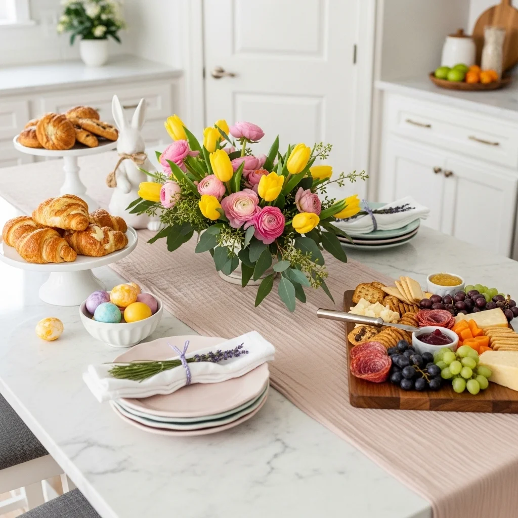  Easter brunch kitchen island spread with tulip and ranunculus centerpiece tiered pastry stand charcuterie board pastel plates and Easter egg bowl for Easter kitchen island decor ideas