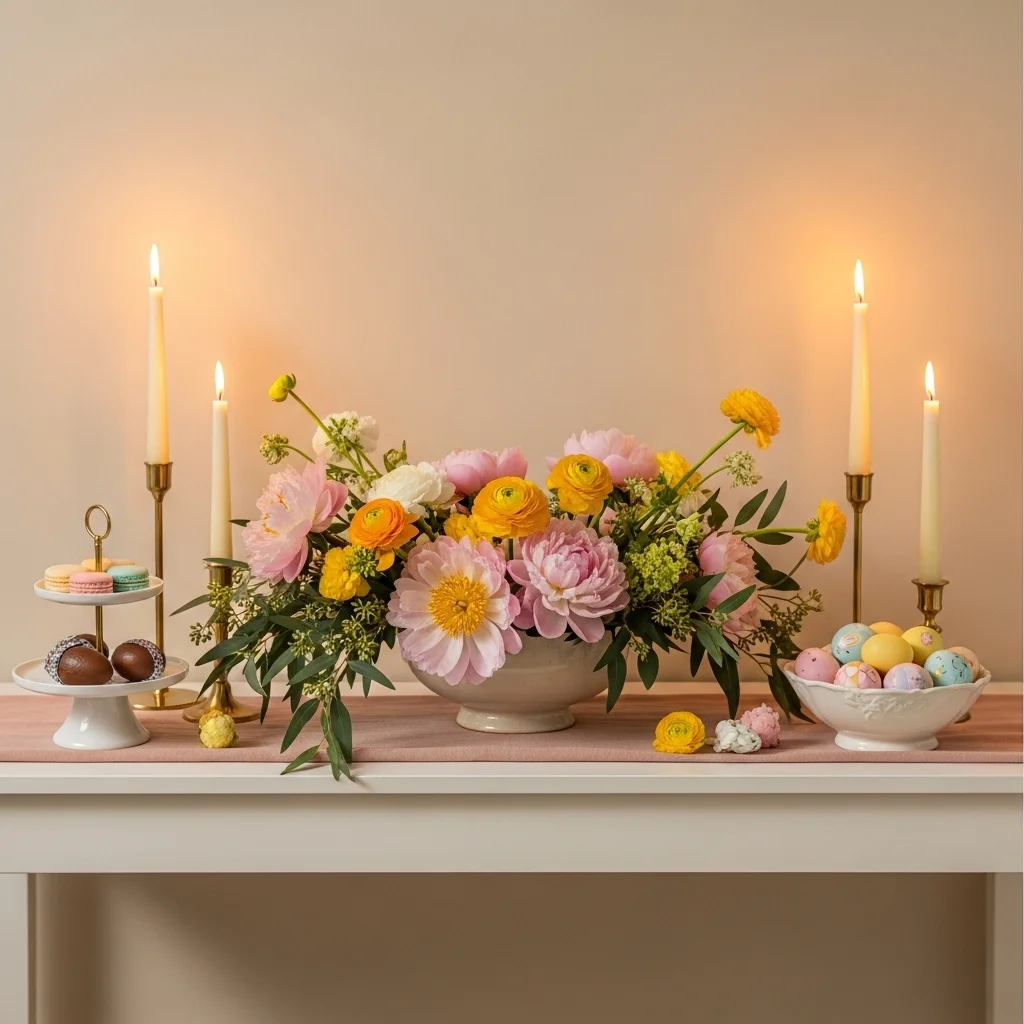 Easter brunch tablescape entryway with lush peony ranunculus eucalyptus arrangement brass candles two tier pastry stand hand painted eggs and blush linen runner on white console table