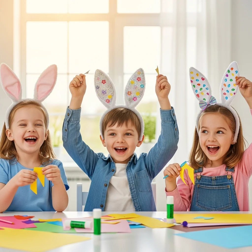  Three children wearing different handmade Easter bunny ears headbands at craft table with construction paper and glue sticks for festive crafts kids Easter celebration activity