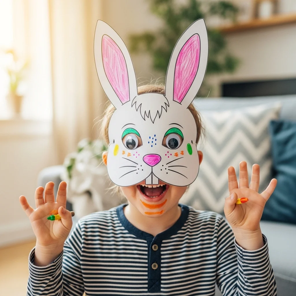 Young child wearing handmade Easter bunny mask craft with pink ears whiskers and colorful decorations for fun masks crafts kids Easter activity