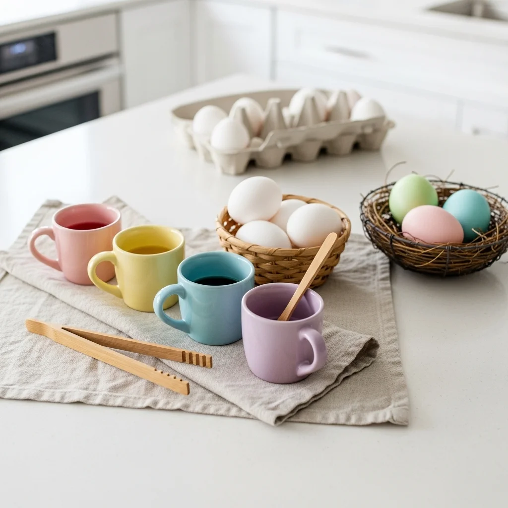 Easter egg dye station on kitchen island with pastel ceramic dye cups white egg basket linen cloth and finished colored Easter eggs for Easter kitchen island decor ideas