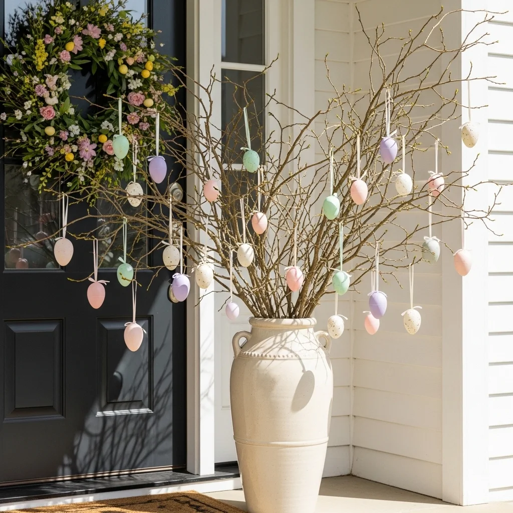 Easter egg tree with pastel hanging eggs on bare branches in cream urn on front porch as statement piece for outdoor Easter porch decor ideas