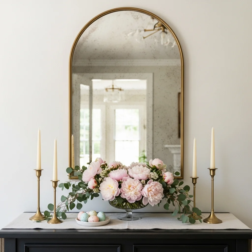 Easter entryway table decor with large arched brass mirror above dark console table styled with blush peony bowl eucalyptus brass candlesticks and pastel speckled eggs for Easter table decor ideas