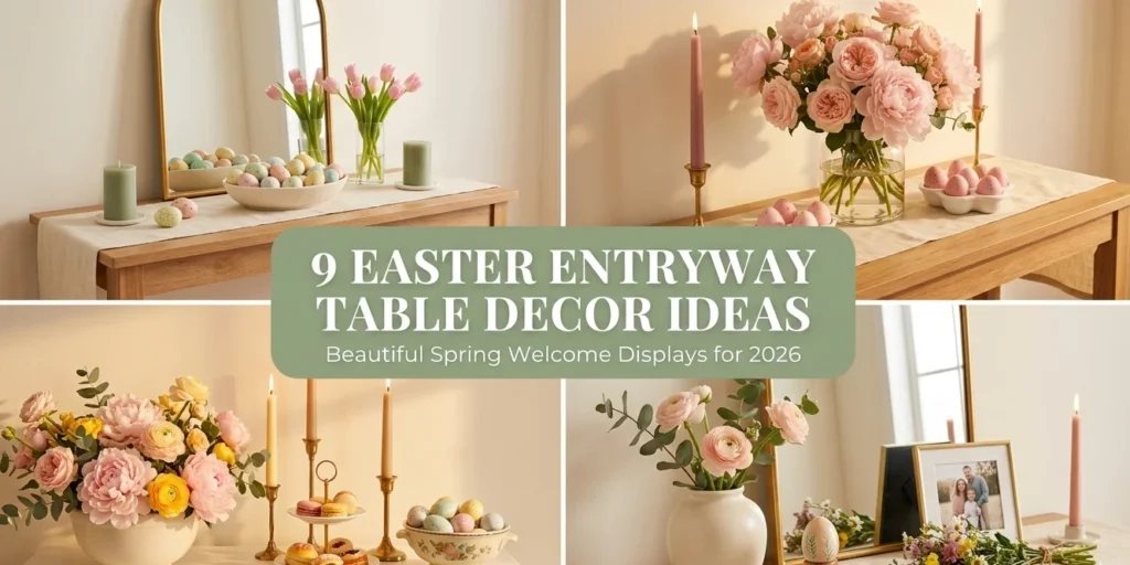 9 easter entryway table decor ideas collage showing pastel Easter console table with gold mirror romantic pink peony tablescape Easter brunch entryway display with candles and pastries and personal spring entryway table with wildflowers and family photo for spring entryway decor 2026