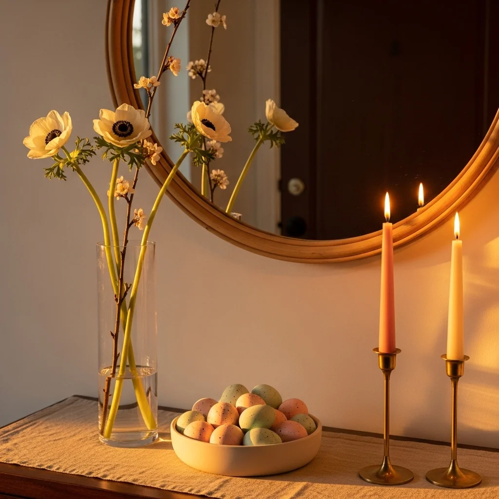 Easter entryway table decor with tall white anemone and cherry blossom stems pastel speckled egg bowl and lit brass taper candles with rattan mirror for spring entryway table height and warmth ideas
