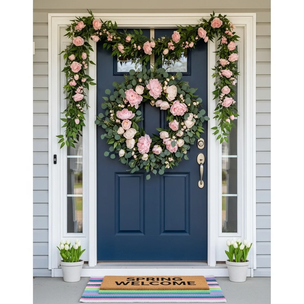  Easter front door decor with blush peony wreath and floral garland on navy door with spring doormat for Easter porch decor outdoor styling