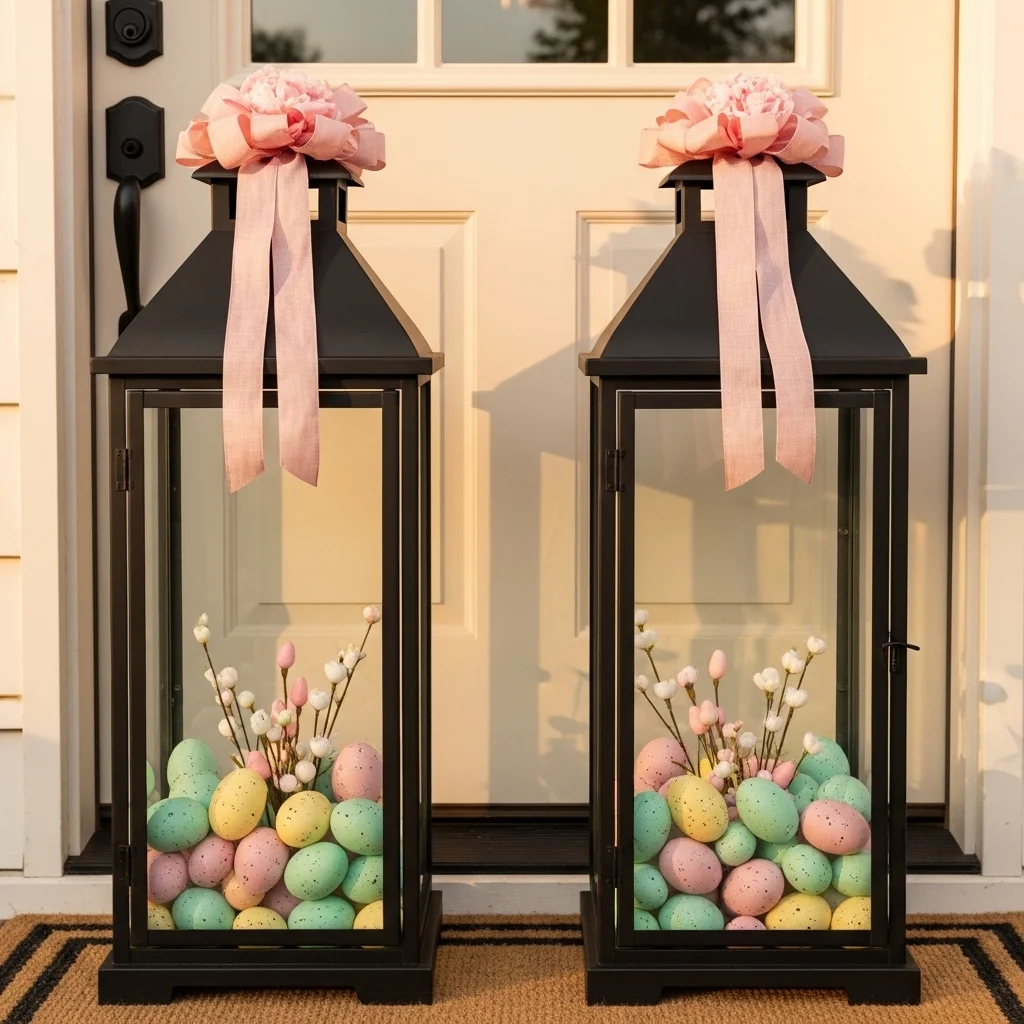 Black lanterns filled with pastel speckled Easter eggs and spring flowers on cream front porch for elegant Easter front door decor outdoor ideas