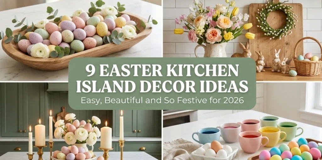 9 easter kitchen island decor ideas collage showing pastel Easter egg centerpiece cottage style tulip display sage green cabinet Easter styling and Easter egg dye station for beautiful spring kitchen decor 2026
