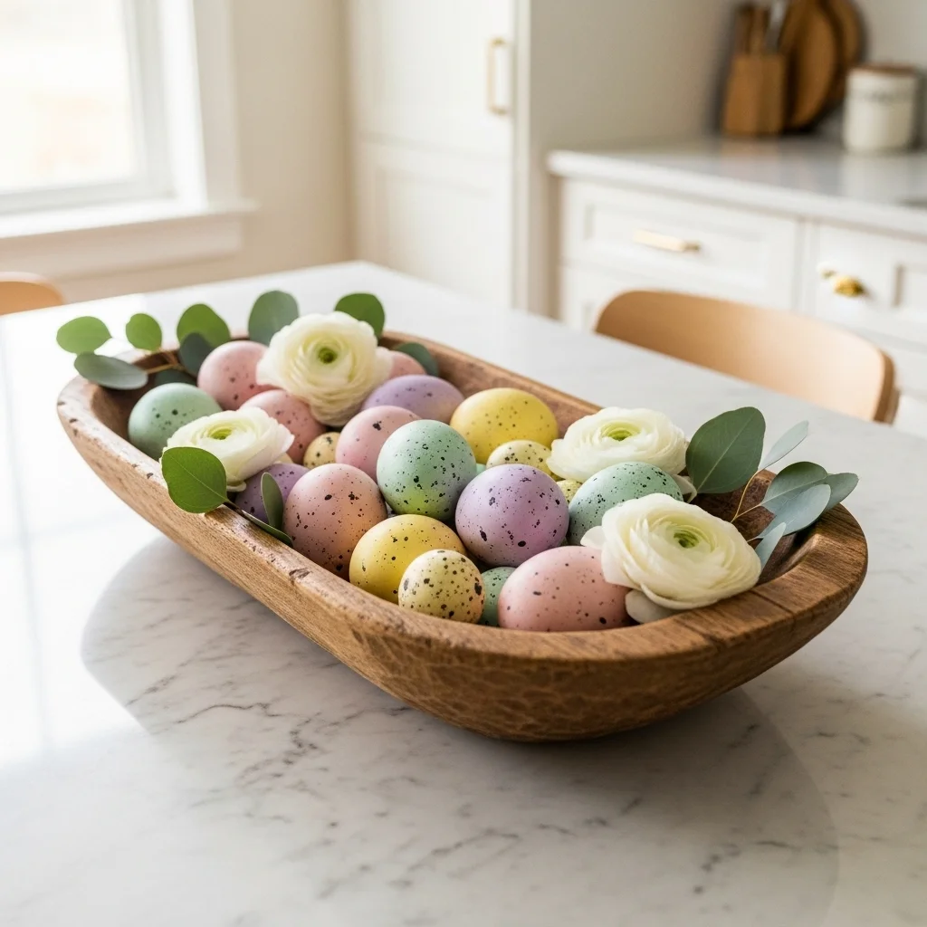  Easter kitchen island decor with pastel speckled egg centerpiece in wood dough bowl with eucalyptus and ranunculus for Easter kitchen island decor ideas 2026