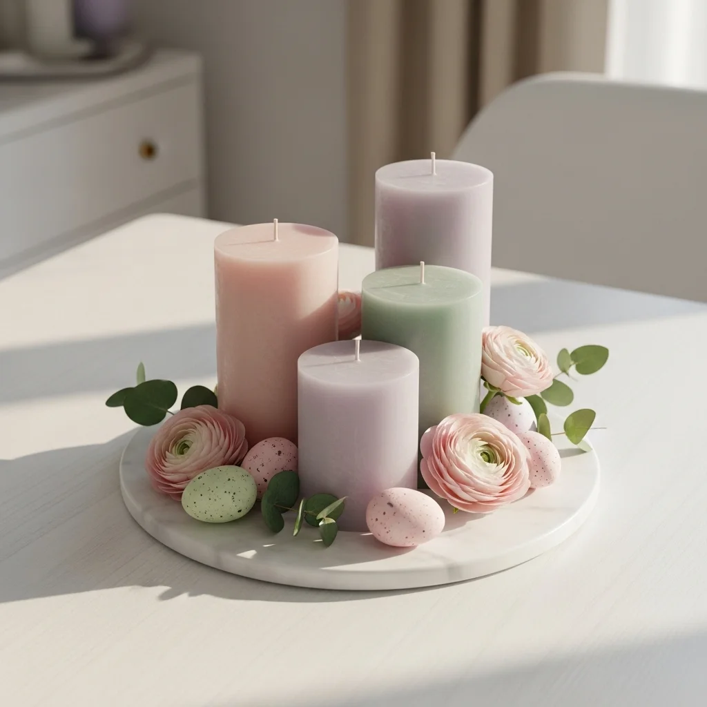 Round marble tray with three pastel blush sage and lavender pillar candles ranunculus eucalyptus and speckled eggs for Easter pastels table centrepiece ideas 2026