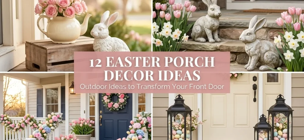 12 easter porch decor outdoor ideas collage showing floral teapot bunny vignette rustic bunny statue with flowers Easter lanterns and full decorated front porch display