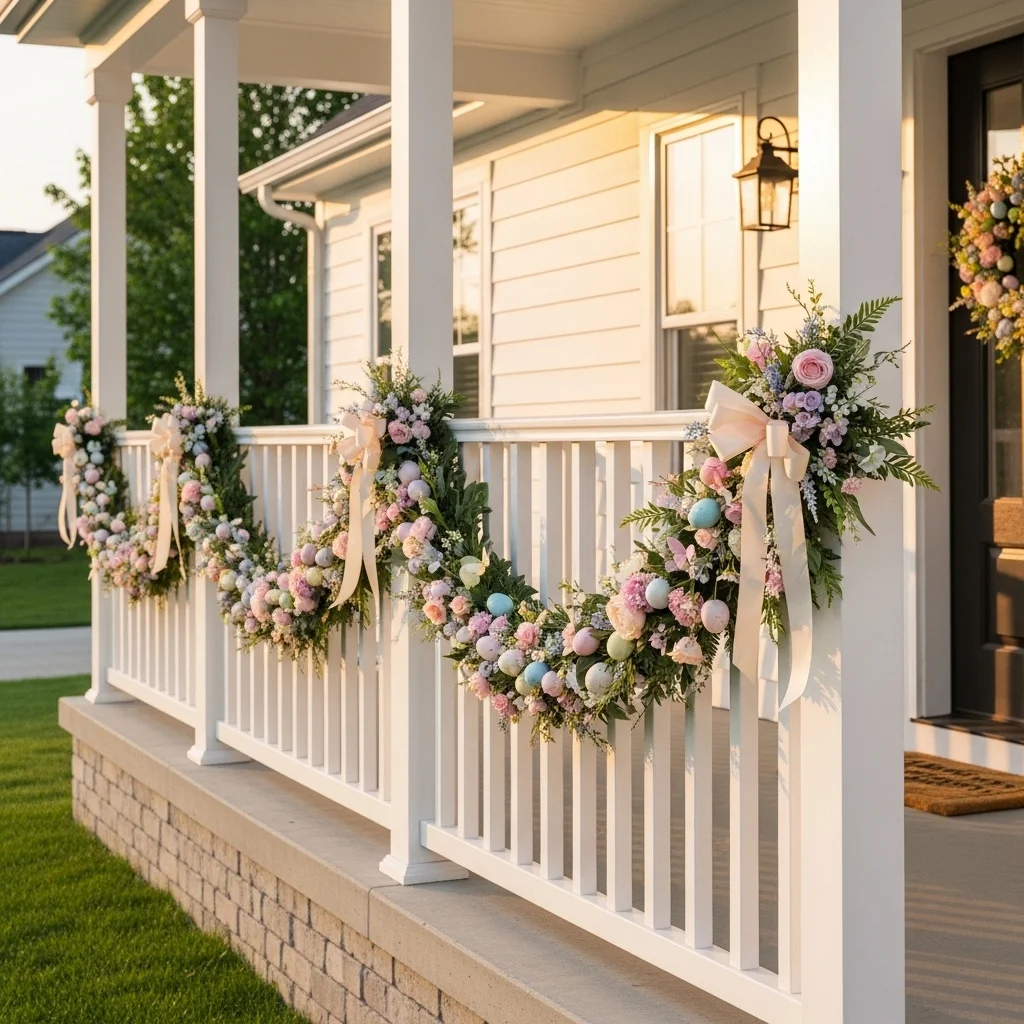Easter porch railing decorated with pastel floral garland blush pink lavender and cream with egg and butterfly accents for front porch Easter decor outdoor