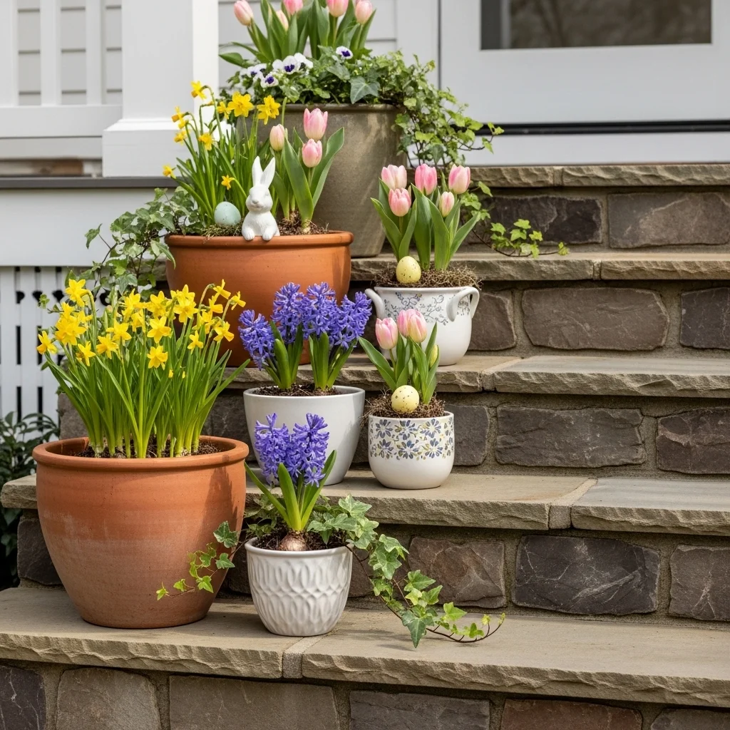 Easter porch steps with potted daffodils tulips and hyacinths in terracotta and ceramic pots with bunny figurine for front porch Easter decor outdoor