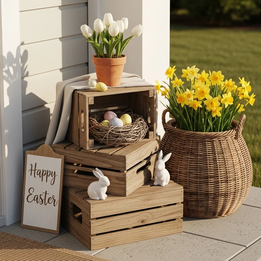 Layered Easter porch decor vignette with wooden crates white tulips bunny figurine wicker basket and daffodils for outdoor front porch Easter display