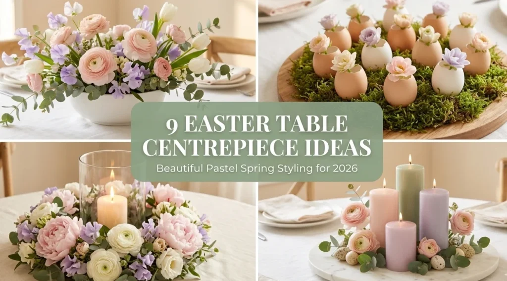 9 easter table centrepiece ideas collage showing pastel floral bowl centrepiece eggshell bud vase moss display hurricane candle floral crown and marble tray pastel candle centrepiece for beautiful spring pastel Easter tablescapes 2026