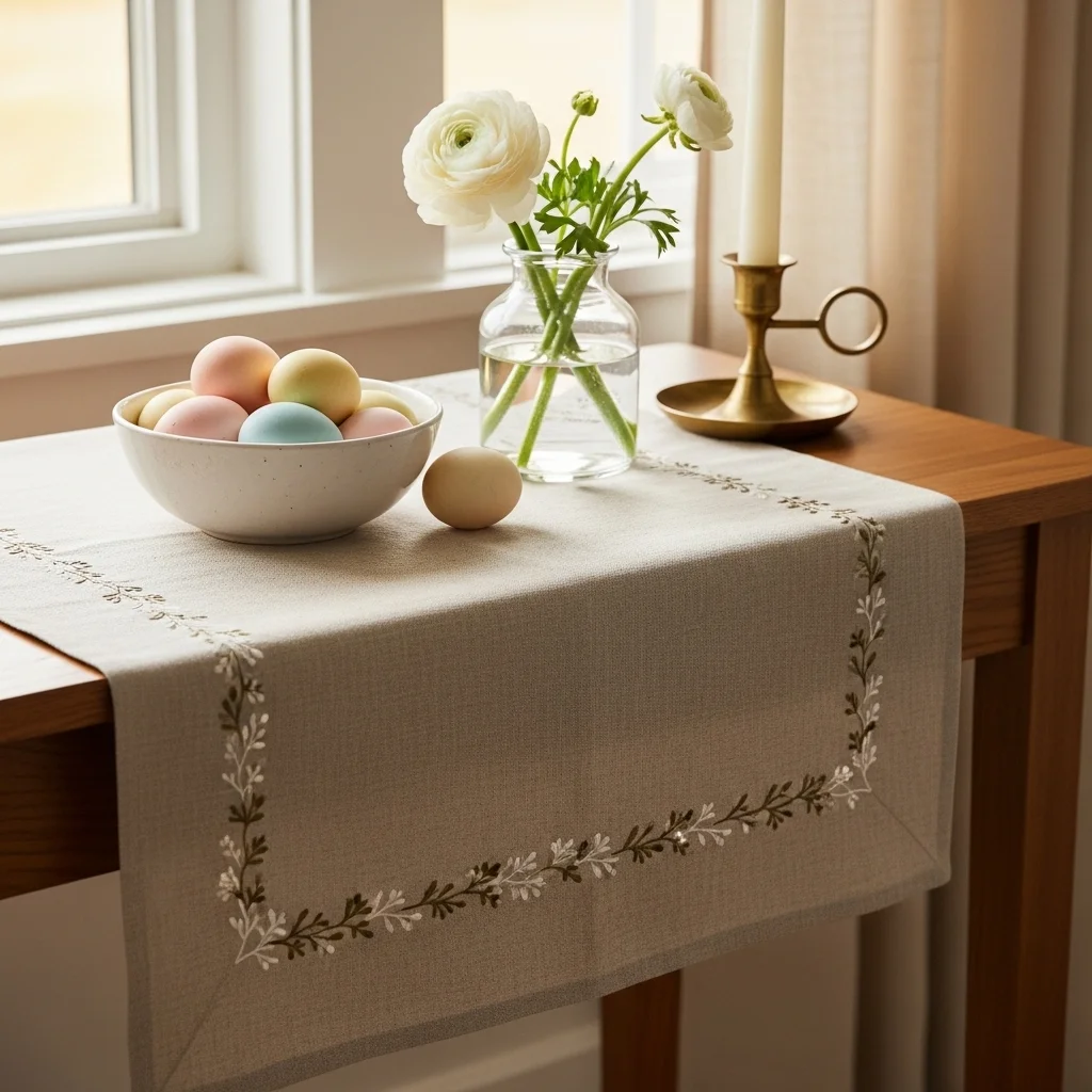 Easter table runner ideas with delicate embroidered oat linen runner anchoring pastel egg bowl ranunculus vase and brass candlestick on spring entryway console table