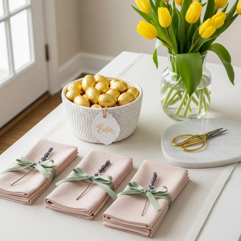 Easter theme party entryway table with chocolate egg welcome basket blush linen napkins with lavender and yellow tulip vase with scissors for interactive Easter table setting ideas