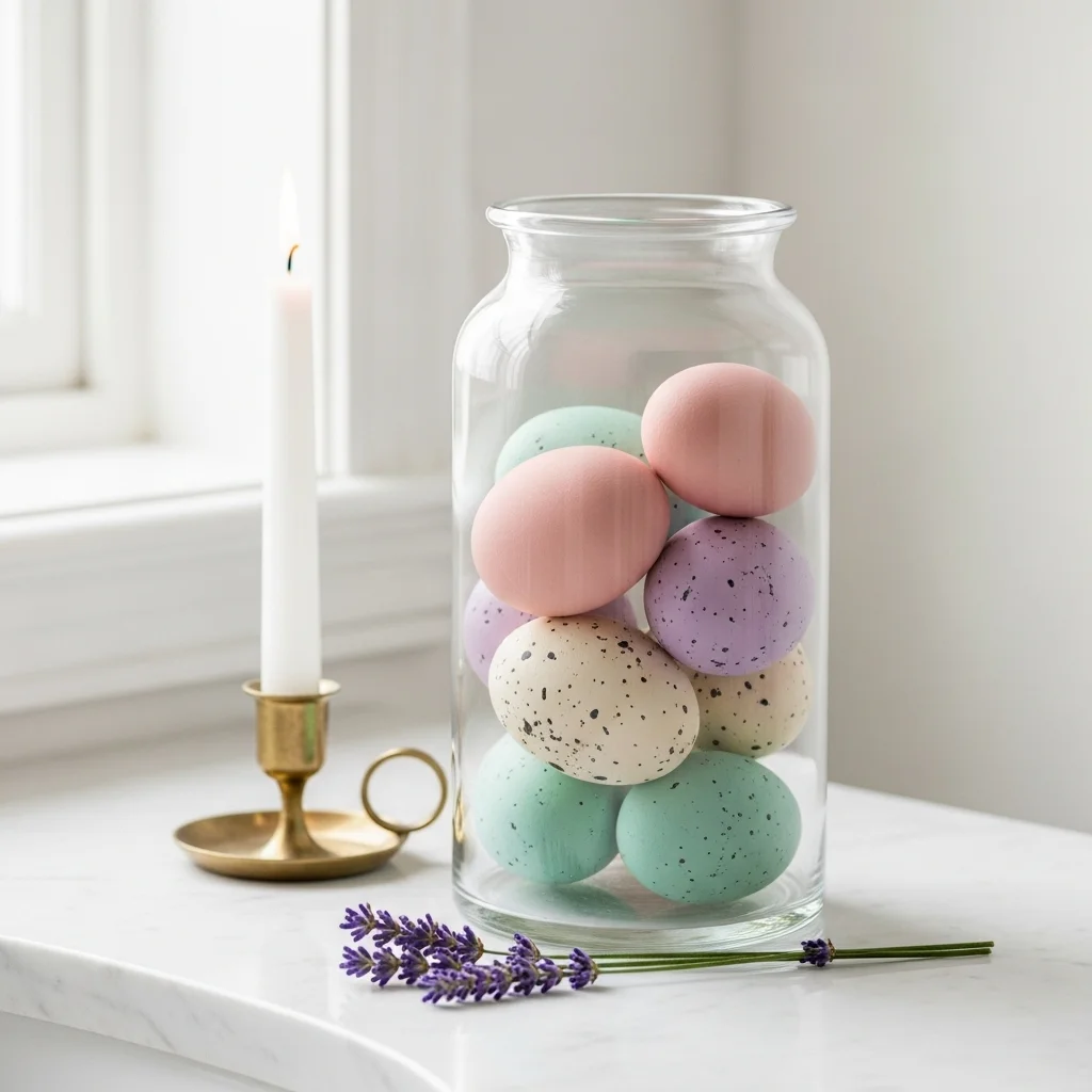 Easy Easter bathroom decoration with clear glass apothecary jar filled with pastel blush lavender and mint speckled eggs beside brass taper candle and lavender sprig on white marble vanity